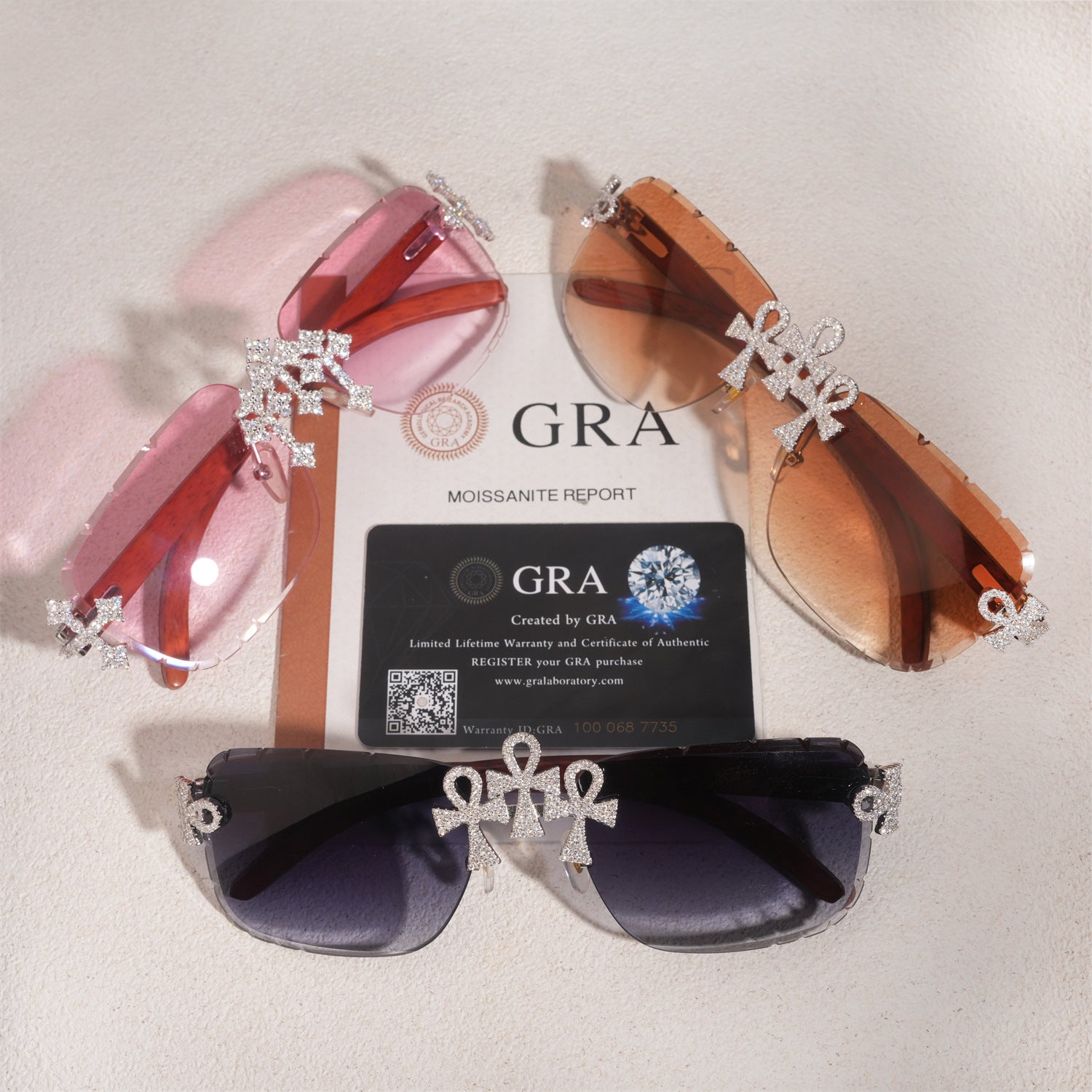 GL Hip-Hop Rimless Sunglasses VVS Moissanite  Ankh  Bridge & Multicolor Lenses Red Wooden Arms