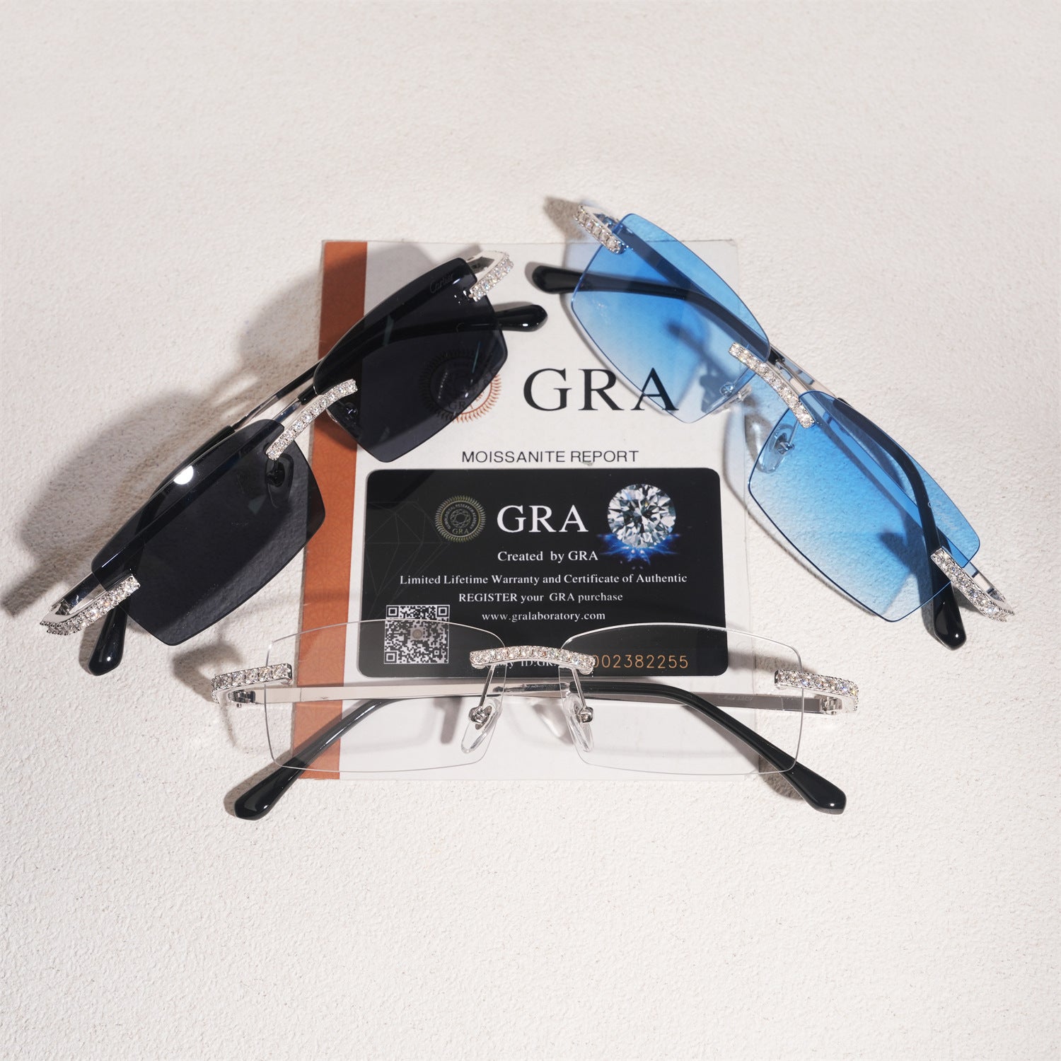 GL Hip-Hop Rimless Sunglasses VVS Moissanite Inlay & Multicolor Gear-Edge Lenses Metal Arms