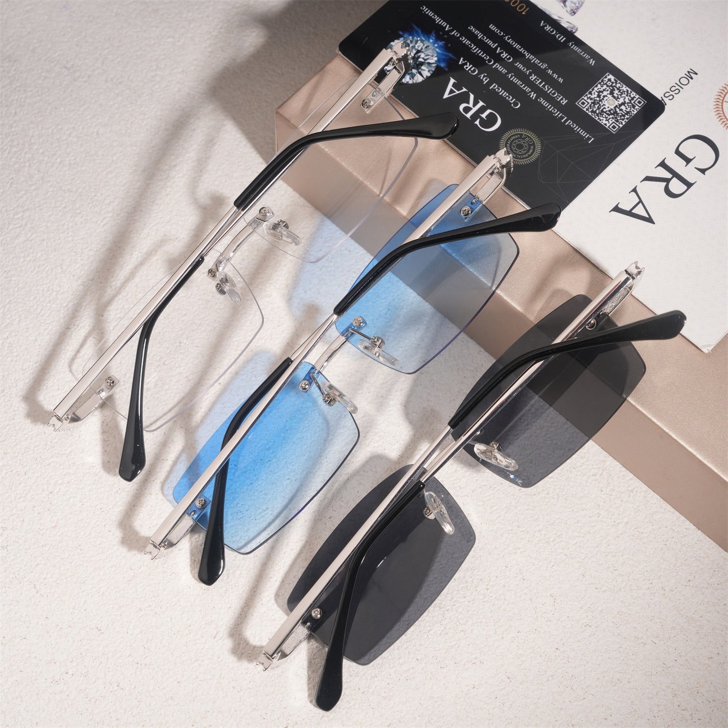 GL Hip-Hop Rimless Sunglasses VVS Moissanite Inlay & Multicolor Gear-Edge Lenses Metal Arms