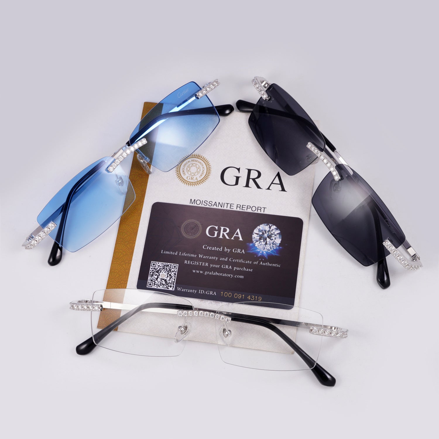 GL Hip-Hop Rimless Sunglasses VVS Moissanite Inlay & Multicolor Gear-Edge Lenses Metal Arms