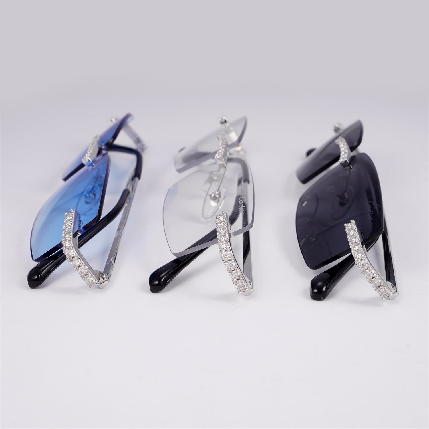 GL Hip-Hop Rimless Sunglasses VVS Moissanite Inlay & Multicolor Gear-Edge Lenses Metal Arms