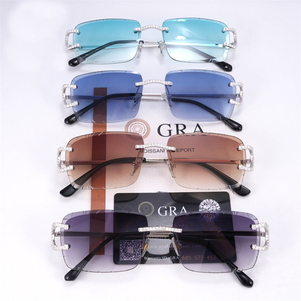 GL Hip-Hop Rimless Sunglasses VVS Moissanite Inlay & Multicolor Gear-Edge Lenses Metal Arms