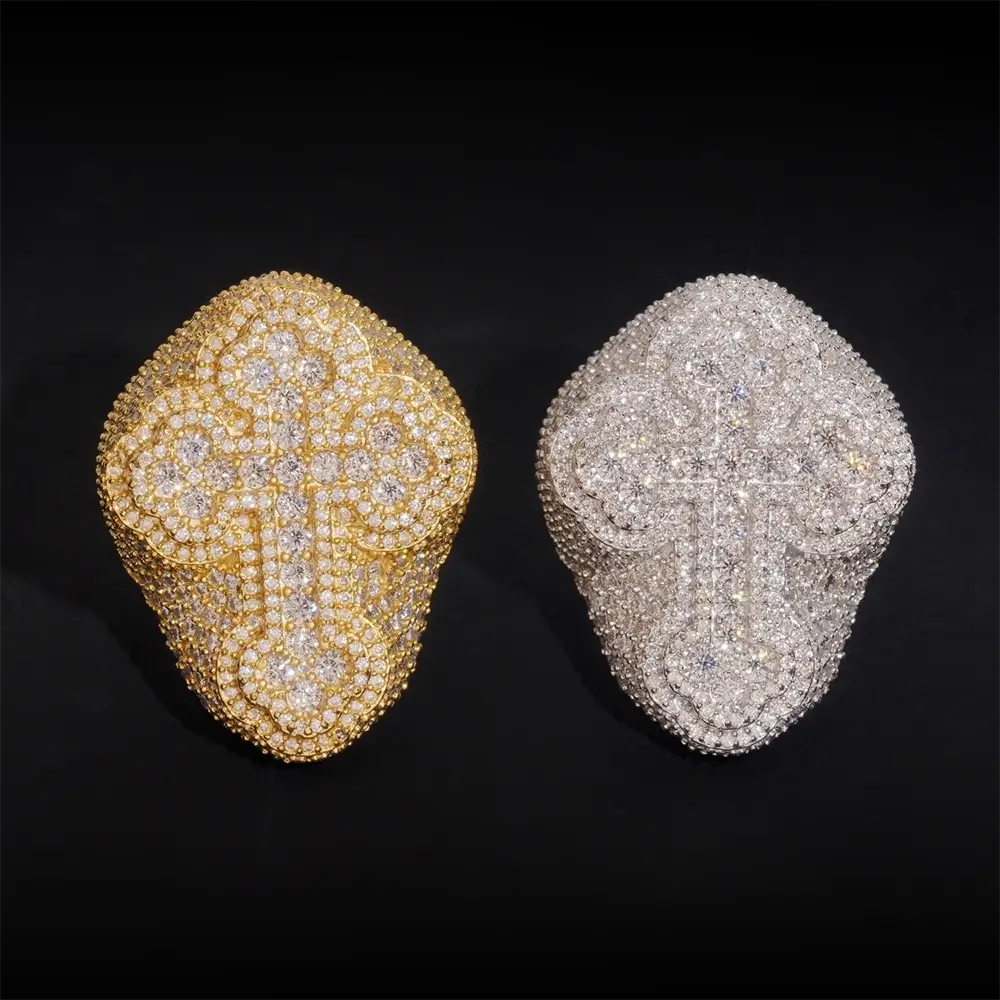 GL Hip Hop Cross Baguette Round Pave Moissanite Diamonds Ring