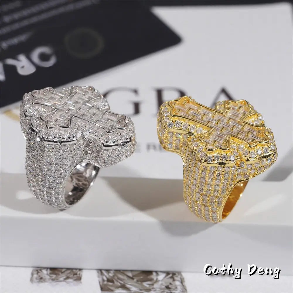 【US 3 Days Delivery】GL Cross Moissanite 925 Sterling Silver Hip Hop Ring