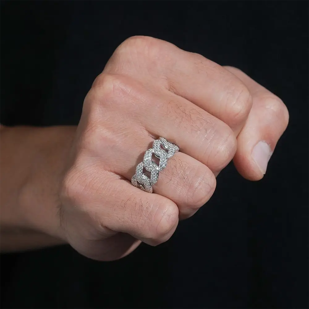 GL Iced Out Round Brilliant Cut Moissanite Cuban Link Bnad Ring