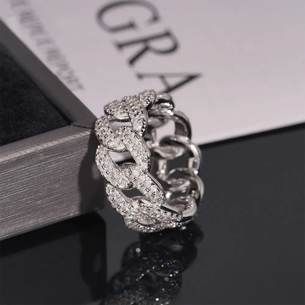 GL Iced Out Round Brilliant Cut Moissanite Cuban Link Bnad Ring