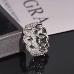 GL Iced Out Round Brilliant Cut Moissanite Cuban Link Bnad Ring