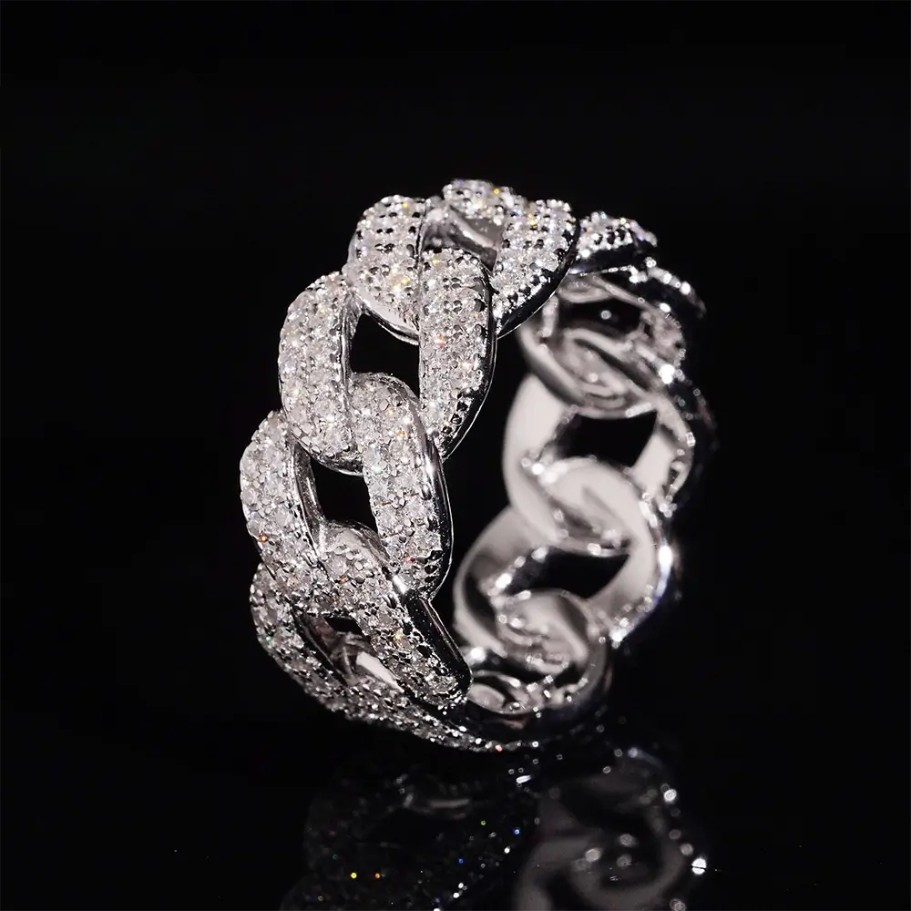 GL Iced Out Round Brilliant Cut Moissanite Cuban Link Bnad Ring