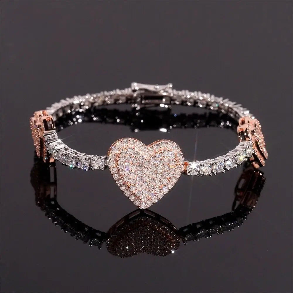 GL Heart Shaped 925 Silver VVS Moissanite Bracelet 3mm Tennis Chain