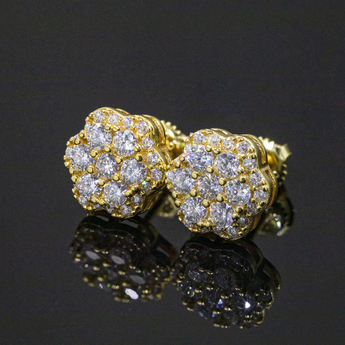 【US 3 Days Delivery】GL 9.2MM Full Moissanite lced Out Flower 16K Gold Plated Stud Earrings