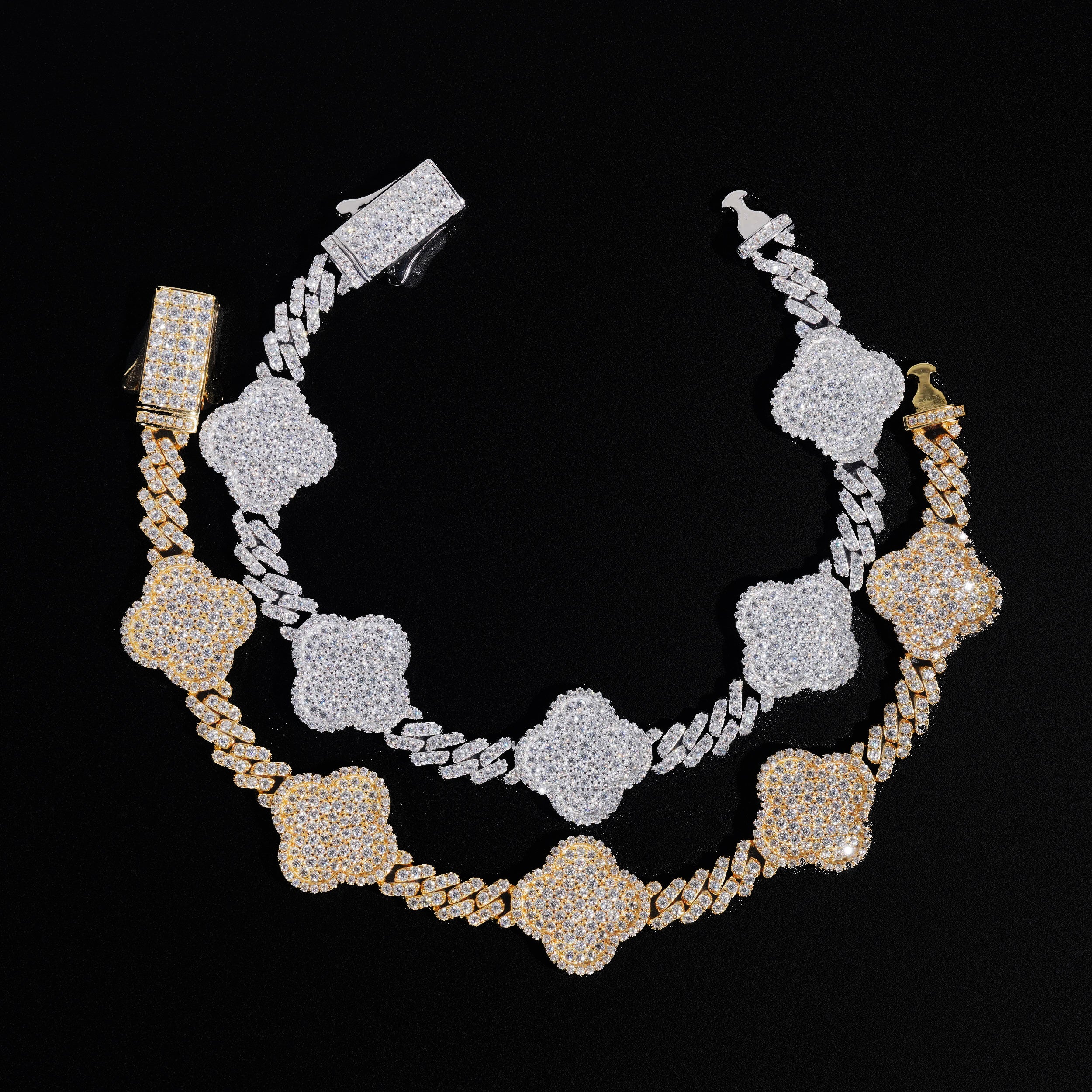 6MM VVS Moissanite Cuban Link Chain with Clover Station - 16K Gold