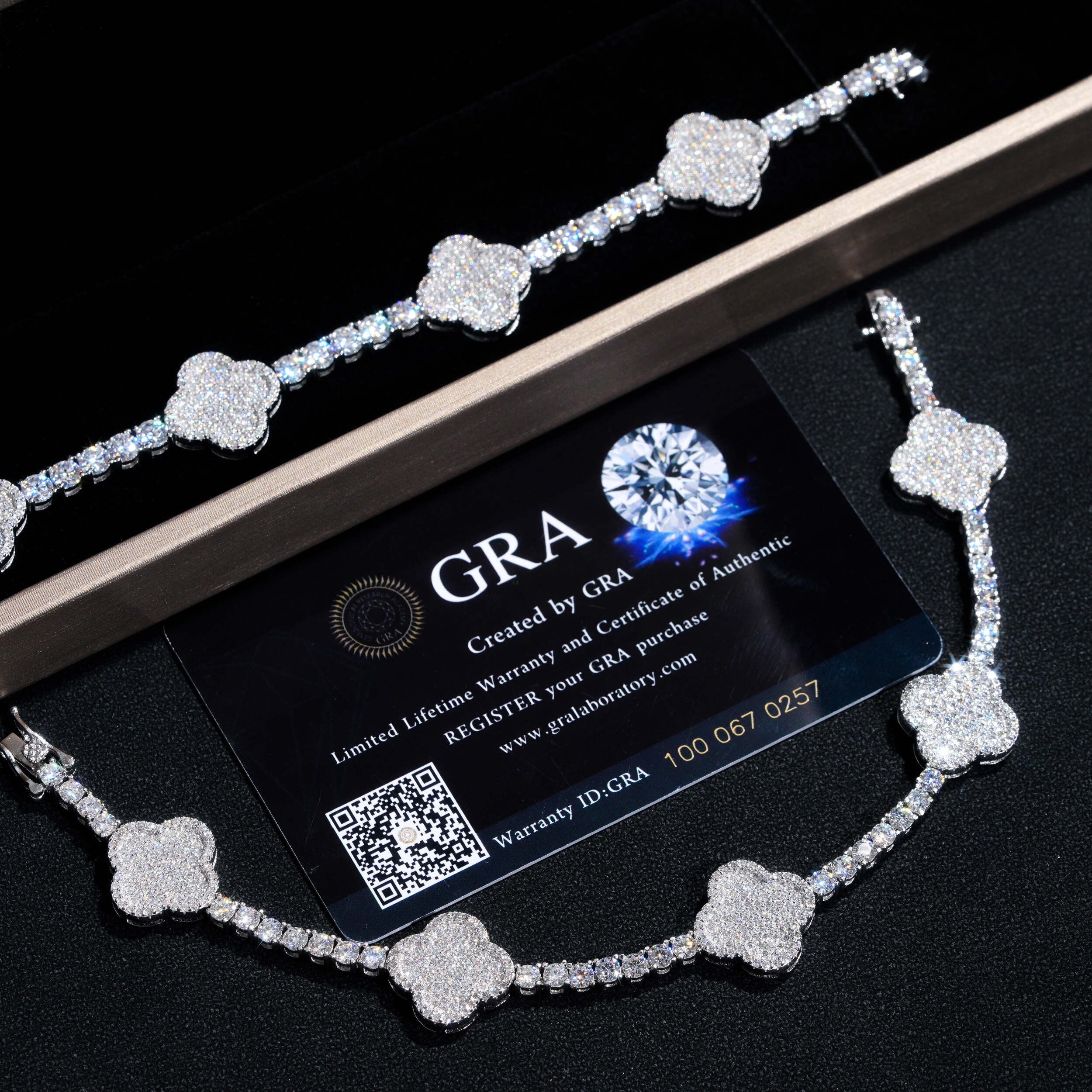 GL Four leaf Clover 925 Silver VVS Moissanite Bracelet Tennis Chain
